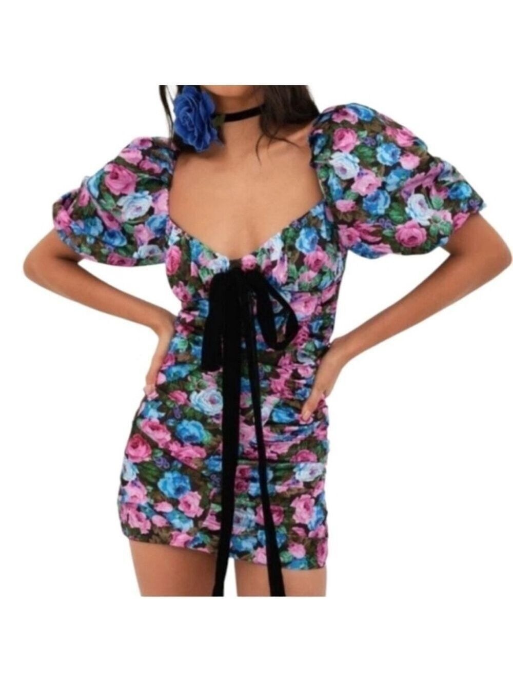 Vibrant Floral Puff Sleeve Mini Dress